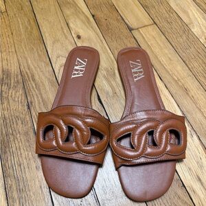 ZARA Tan Braided-Link Leather Slide Sandals